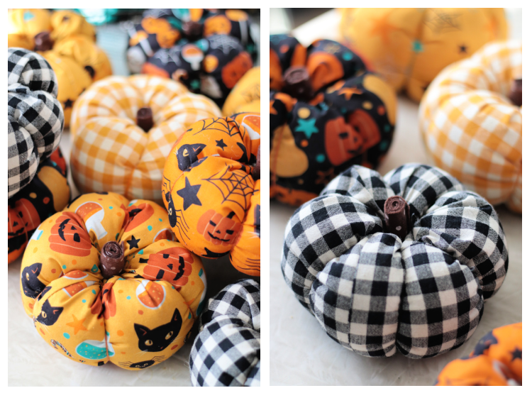 fabric pumpkins arranged on table