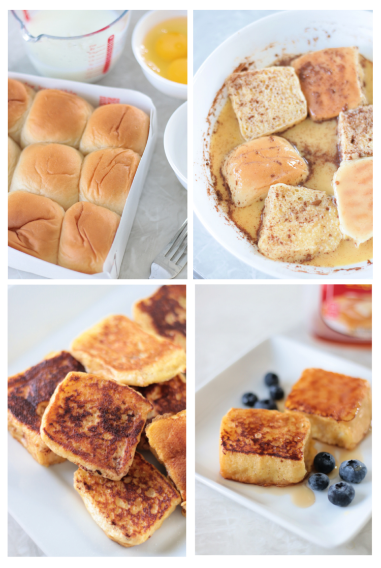 French toast rolls in a tray, dipped in eggs and milk and cooked