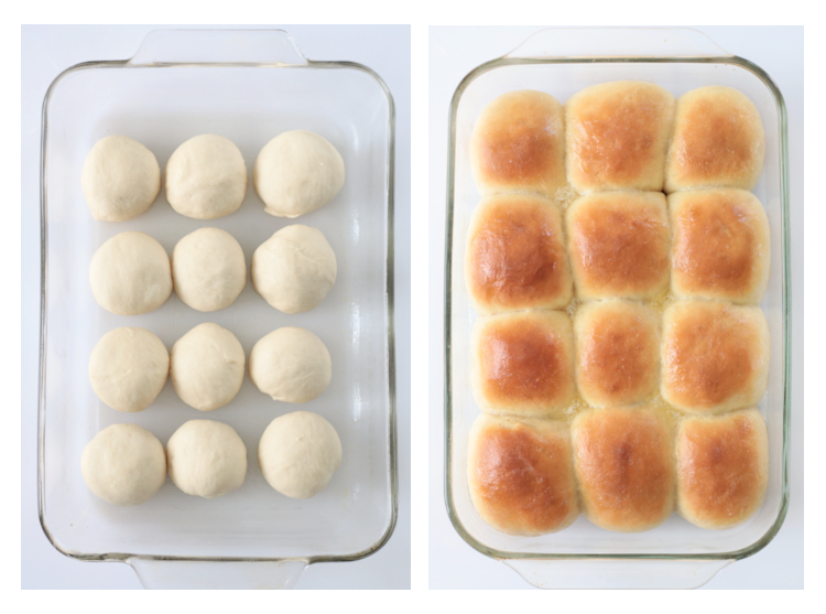 pan of unbaked rolls and pan of baked rolls