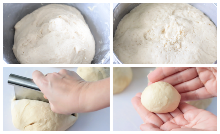 roll dough in bowl and being cut into sections
