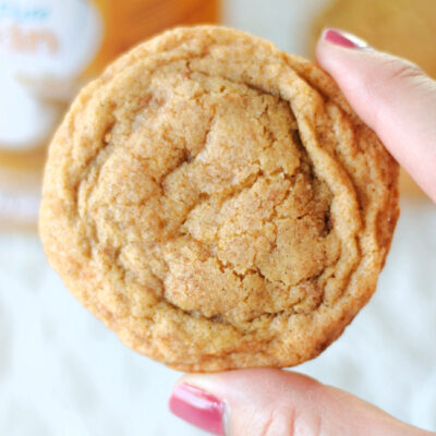 hand holding a pumpkin snickerdoodle cookie