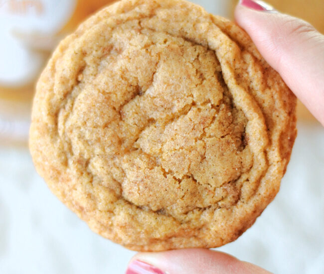 hand holding a pumpkin snickerdoodle cookie