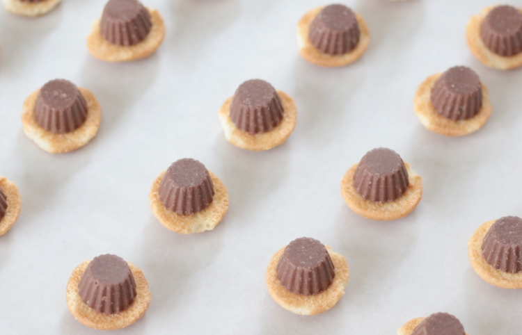 Nilla wafers on baking sheet with peanut butter cups on top