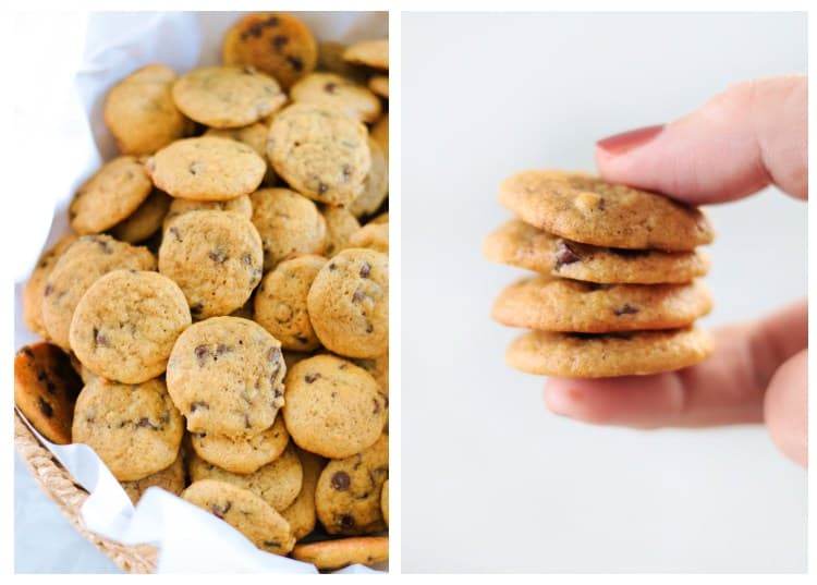 Basket of mini pumpkin cookies and hand holding stack of cookies.