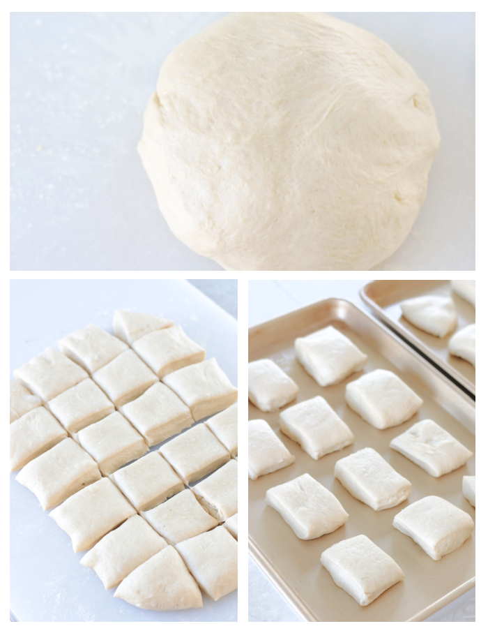 ball of dough and dough rolled out and cut into squares