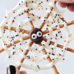 Hand holding a spiderweb pretzel.