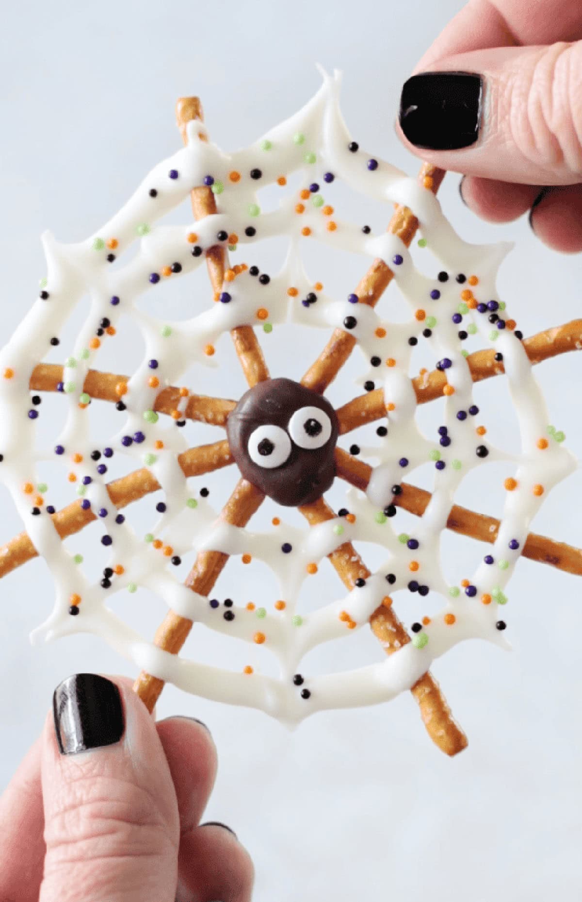 Hand holding a spiderweb pretzel.