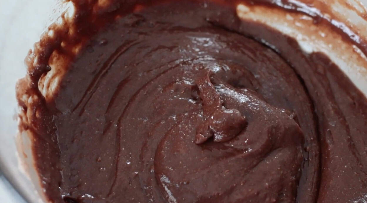 Mixing bowl of brownie batter.