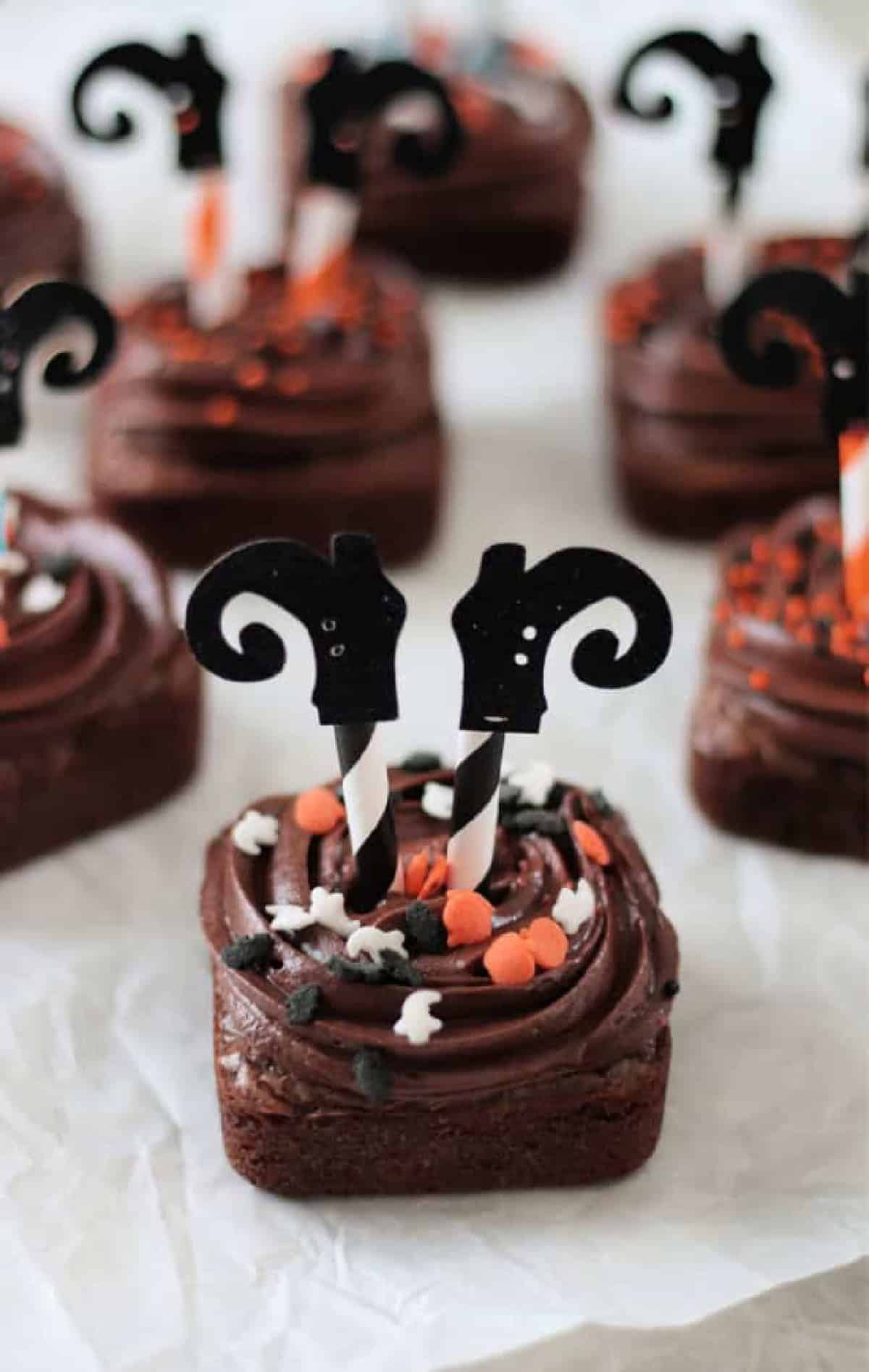 Square brownies with witch legs.