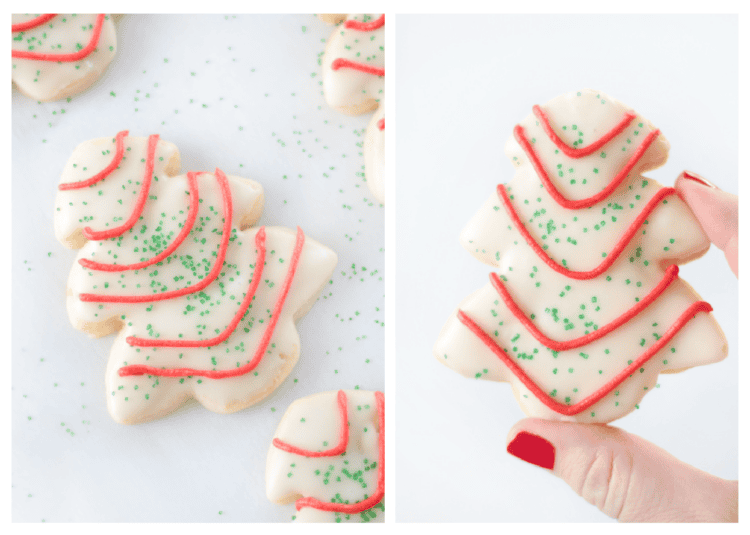 Little Debbie inspired tree cookies. One on a white background and one being held by a hand.
