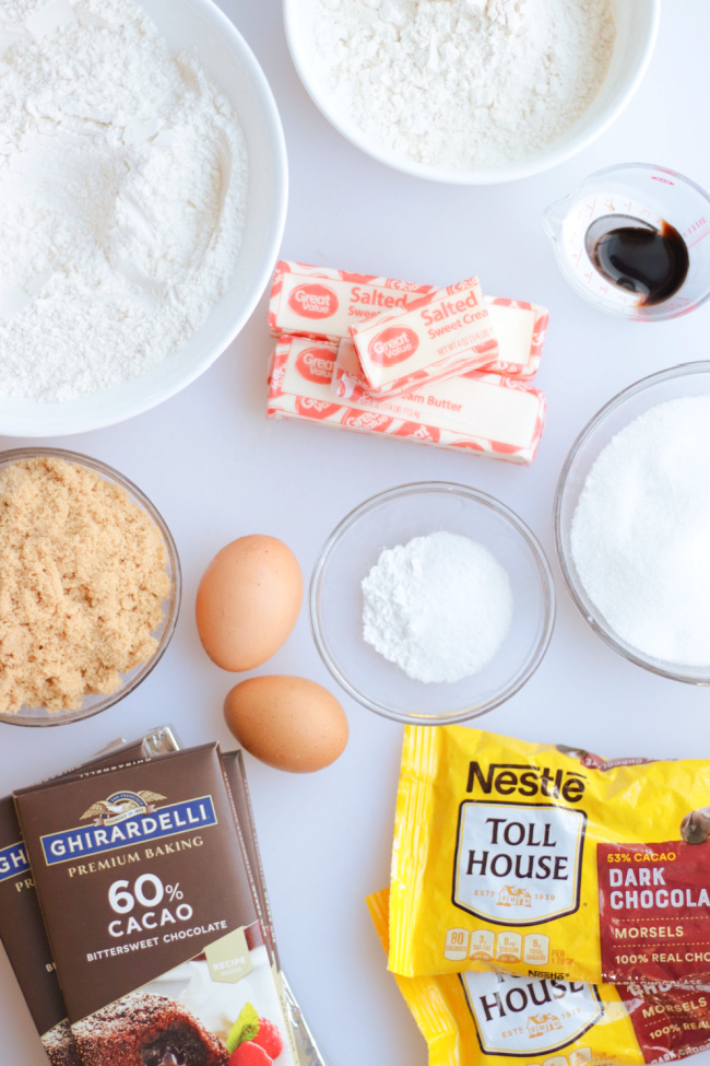 chocolate chip cookie ingredients in bowls