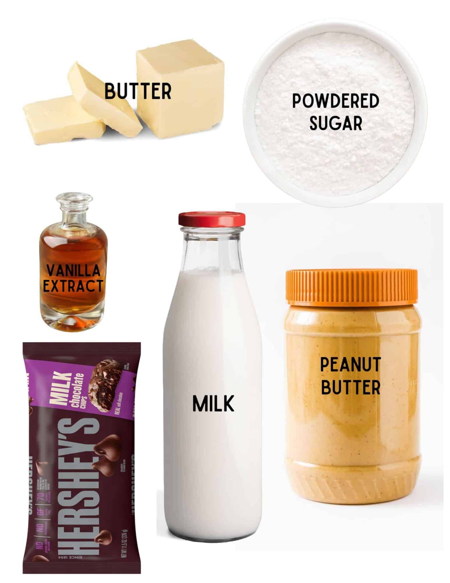 Butter, powdered sugar, vanilla, bag of chocolate chips, bottle of milk, container of peanut butter.