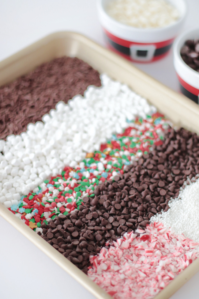 baking sheet with rows of sprinkles