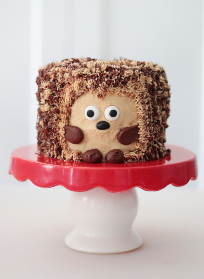 little hedgehog cake frosted in chocolate and peanut butter buttercream