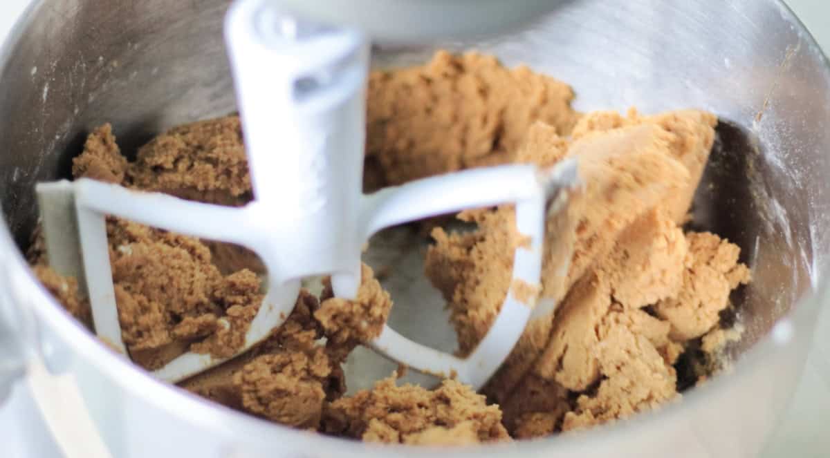 Stainless steel bowl of molasses cookie dough and stand mixer paddle.