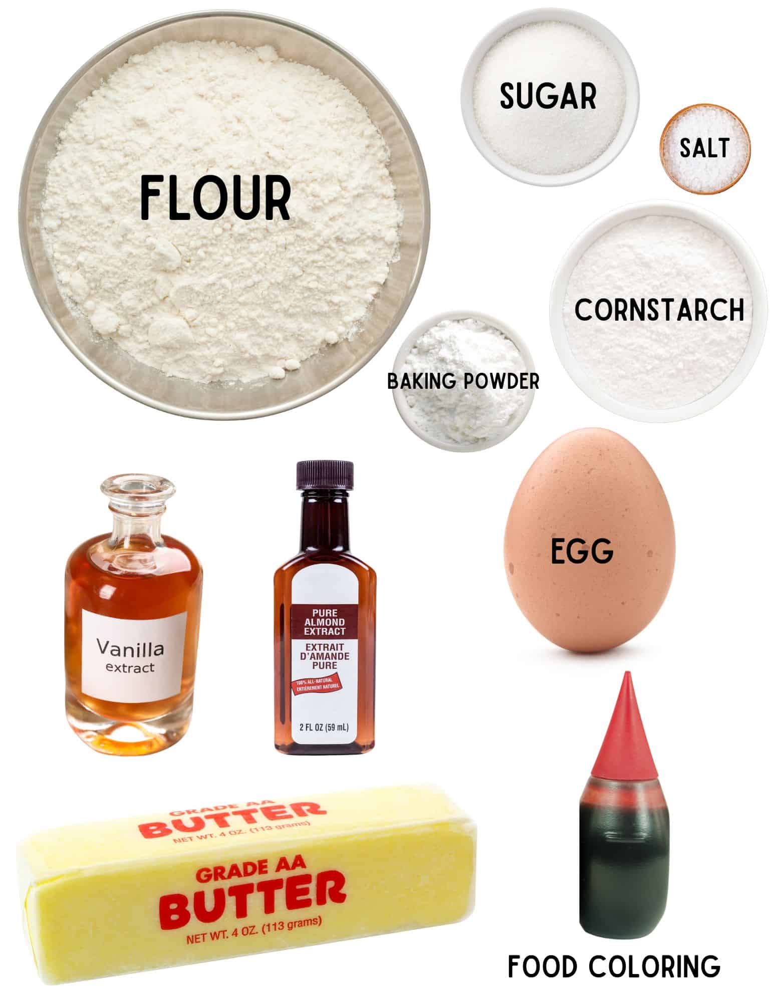 Bowls of flour, sugar, salt, baking powder, cornstarch, vanilla, almond extract, red food coloring, stick of butter and an egg.