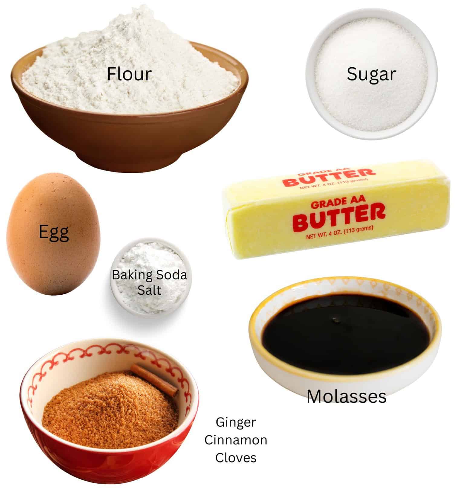 Bowls of flour, sugar, molasses, spices, baking soda, salt and an egg.
