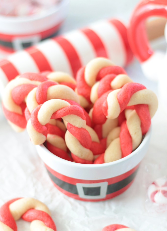 santa bowl filled with candy cane sugar cookies