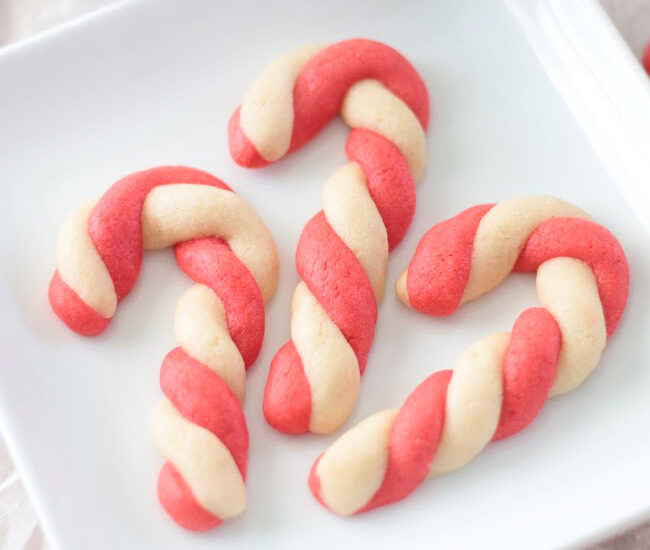 candy cane sugar cookies on plate