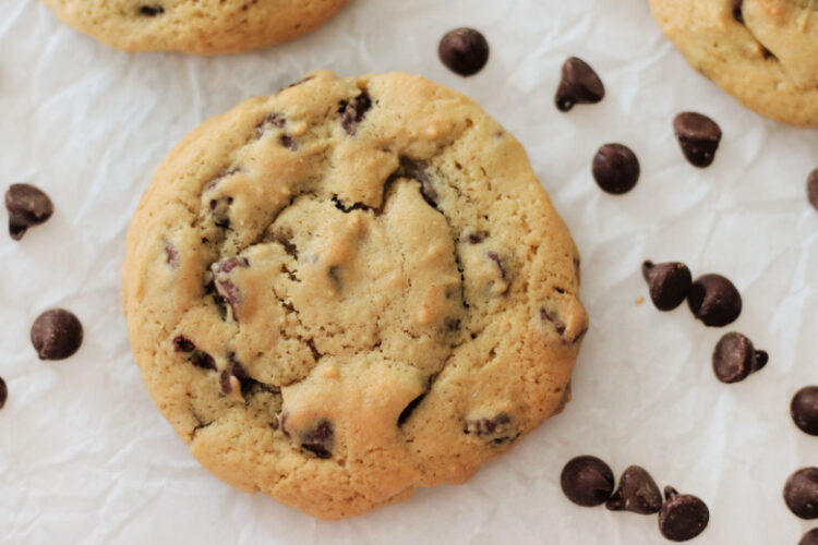chocolate chip cookie with chocolate chips on parchment paper