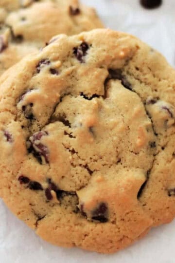 Close-up of freshly baked chocolate chip cookies with chocolate chips.