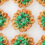 holiday pretzel wreaths on parchment paper