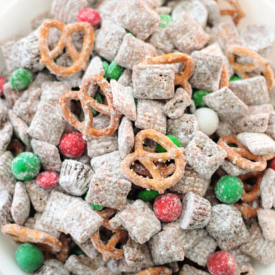 white bowl of puppy chow snack mix