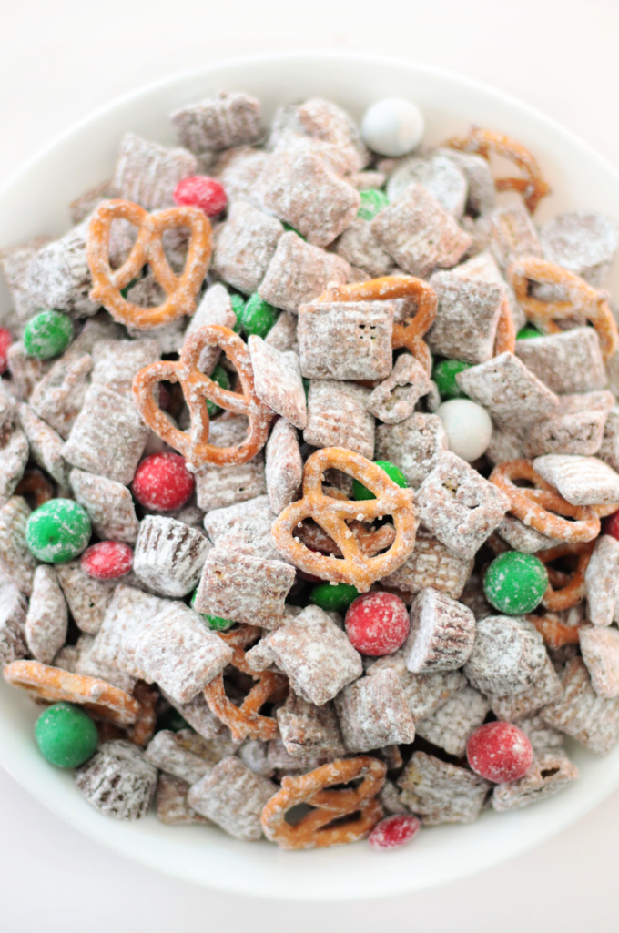 white bowl of puppy chow snack mix