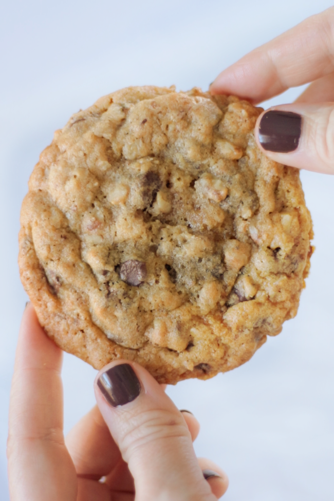 hand holding double tree chocolate chip cookie