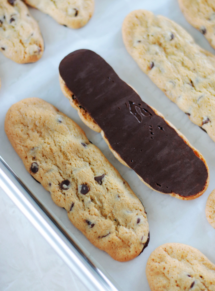 baking sheet with chocolate chip dunker cookies