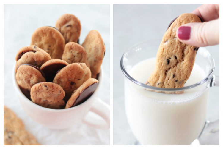 side by side images of chocolate chip cookie dunkers in mug