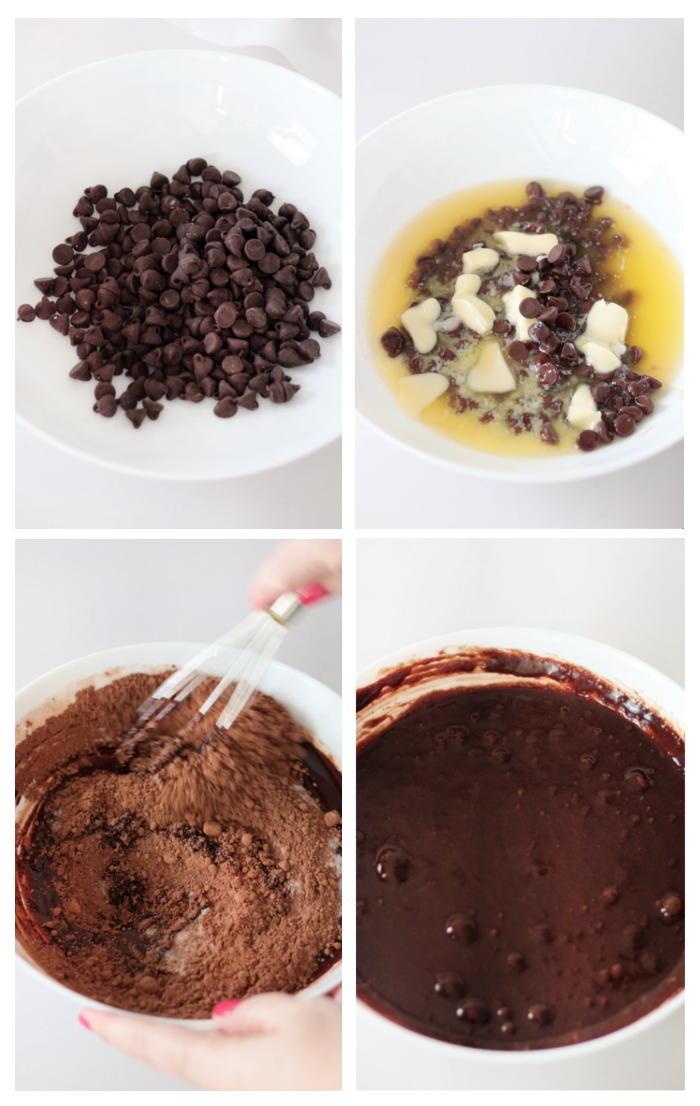 melted chocolate chips in butter and bowl of chocolate cake batter
