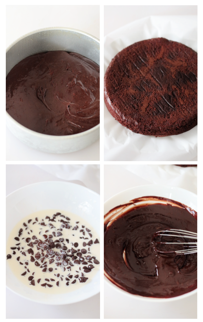 baked flourless chocolate cake and bowl of ganache