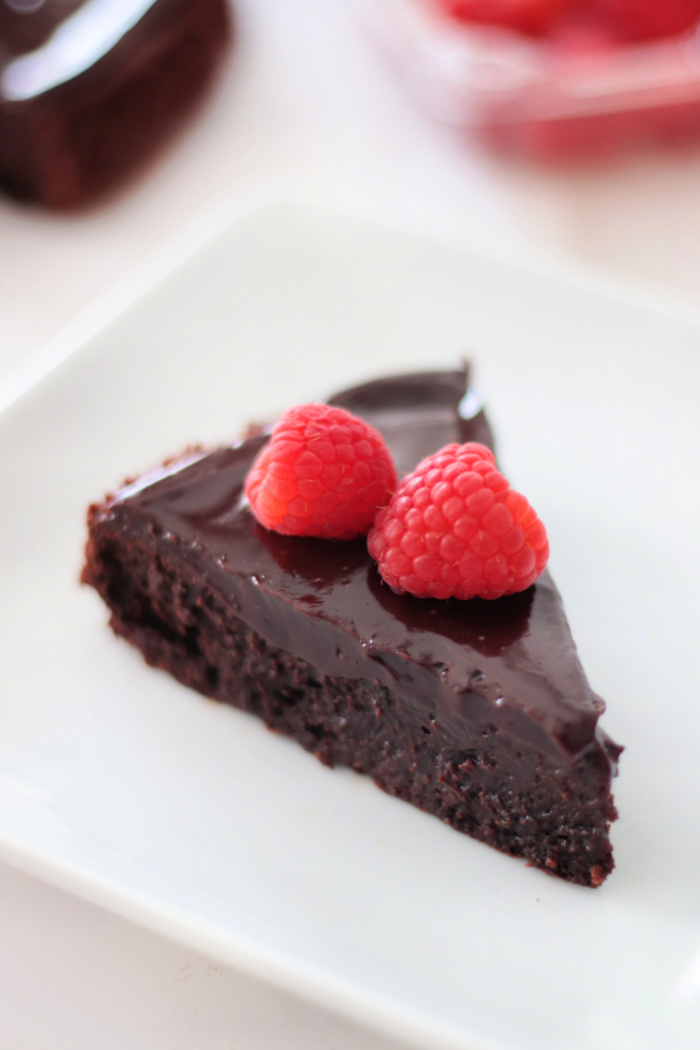 slice of chocolate cake on white plate