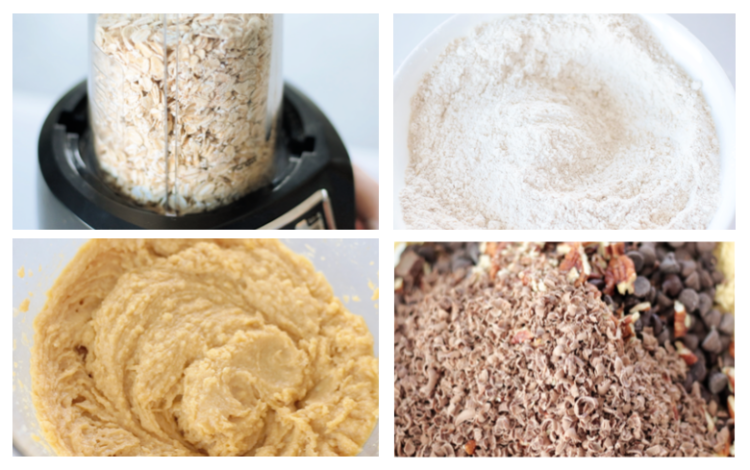 collage of process photos: blended oats, bowl of flour, bowl of wet ingredients and bowl of mix-ins for cookie dough