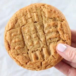 Hand holding large peanut butter cookie.