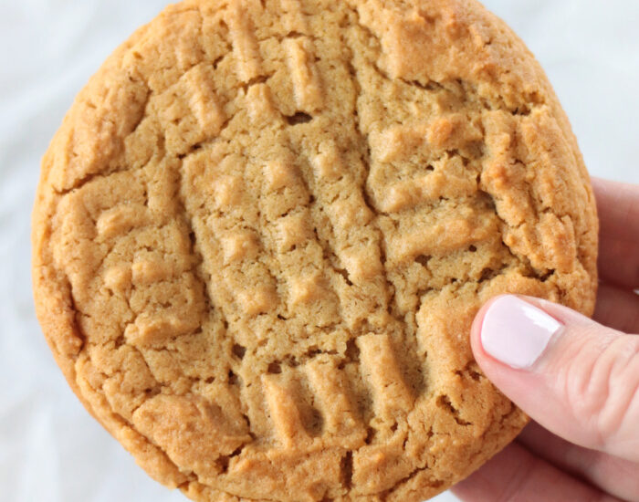 hand holding giant peanut butter cookie