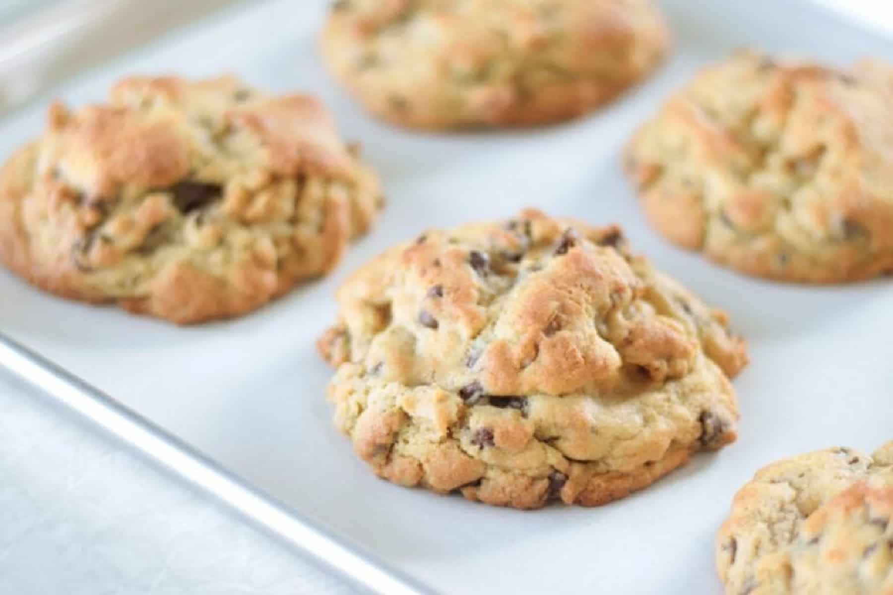 Baking sheet of Levain chocolate chip cookies.