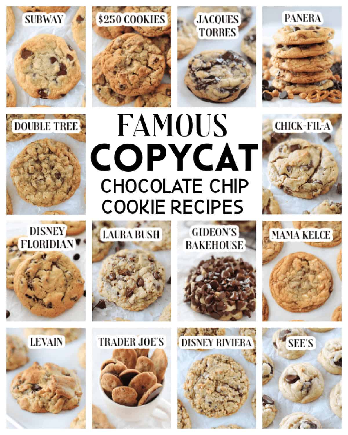 Various famous chocolate chip cookie recipe collage.