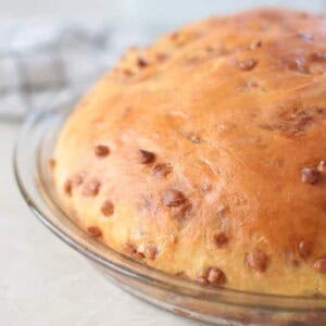 Loaf of great harvest bread in pie pan.