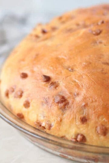 Loaf of great harvest bread in pie pan.