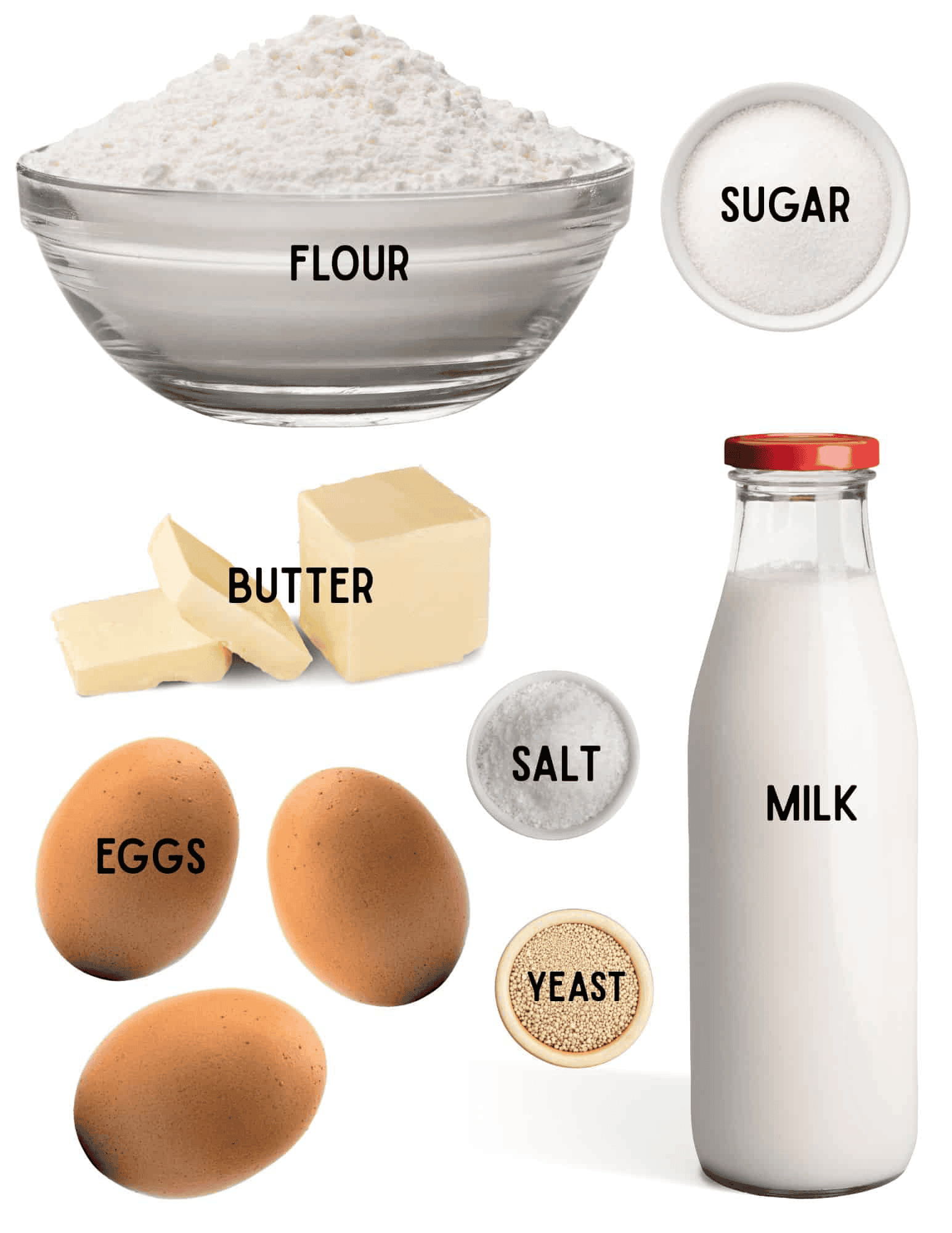 Bowls of flour, sugar, butter, salt, yeast, bottle of milk, and 3 eggs.