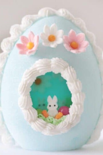 Blue panoramic sugar egg frosted with flowers.