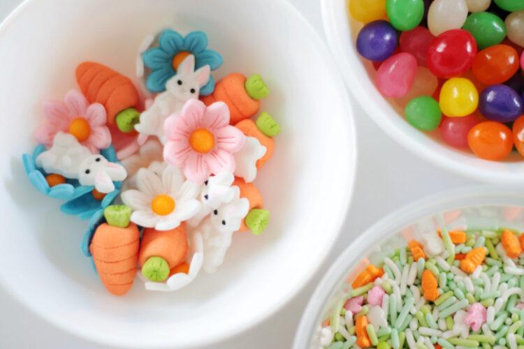 bowl of icing decorations, sprinkles and mini jelly beans