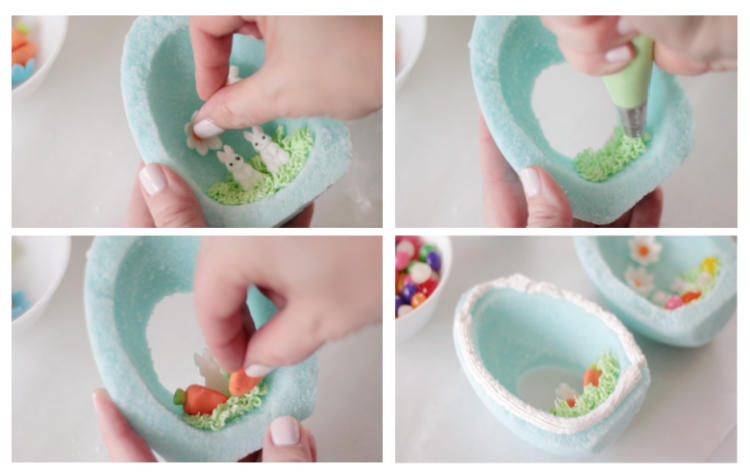 adding icing decorations to the inside of the egg