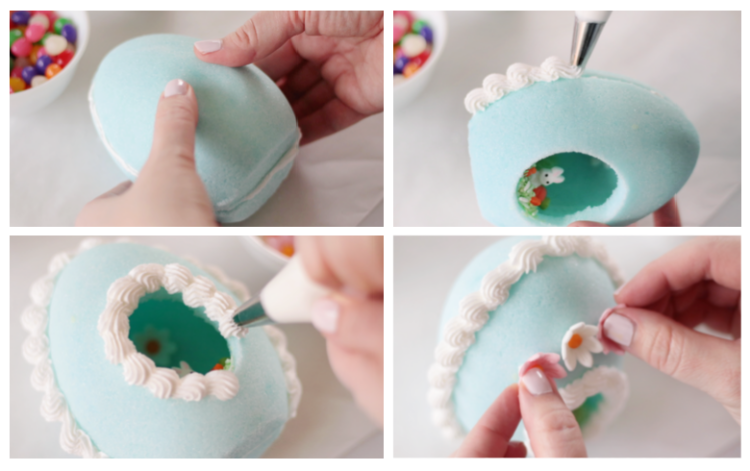 using royal icing to add details on the outside of the sugar egg