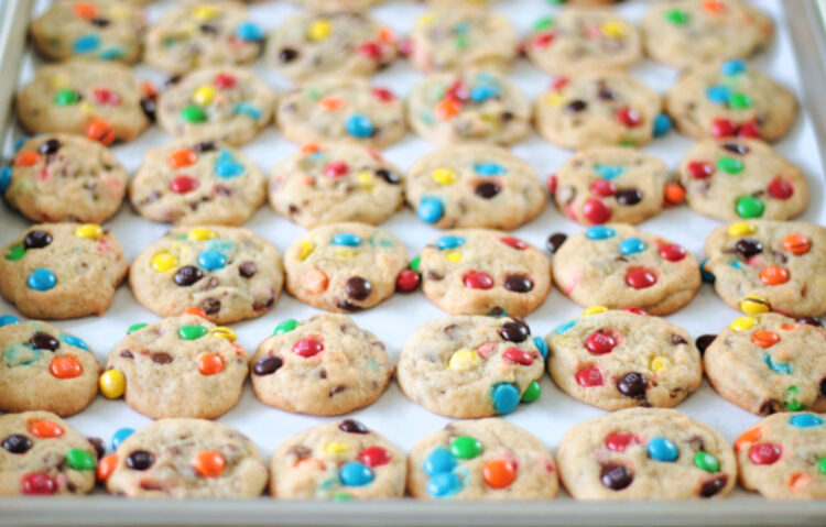 baking sheet with mini M&M cookies