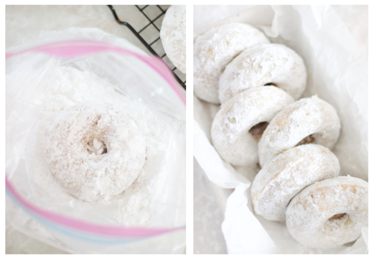 powdered donut in a bag of powdered sugar