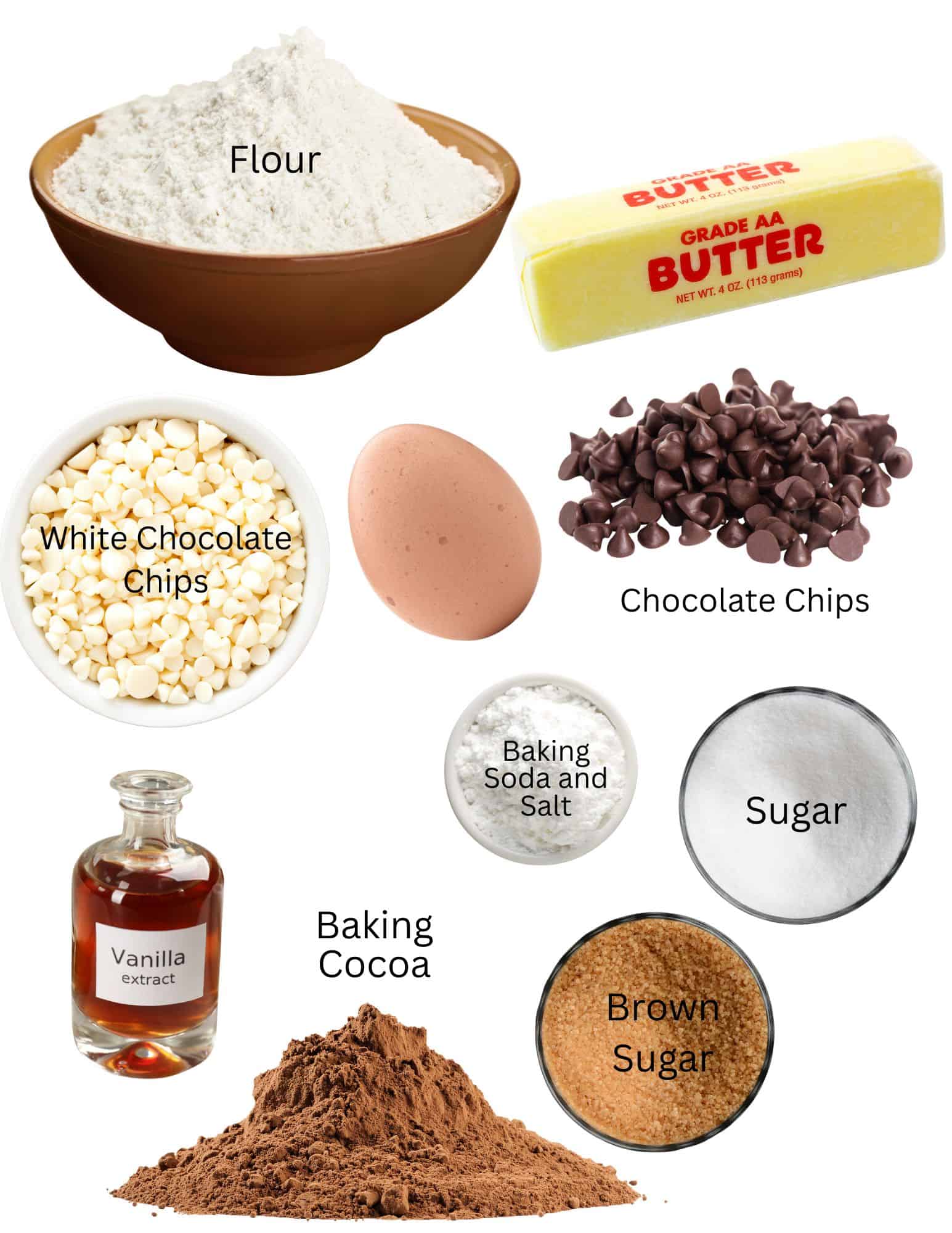 Bowls of flour, sugars, baking soda and salt next to an egg, stick of butter, chocolate chips and vanilla.