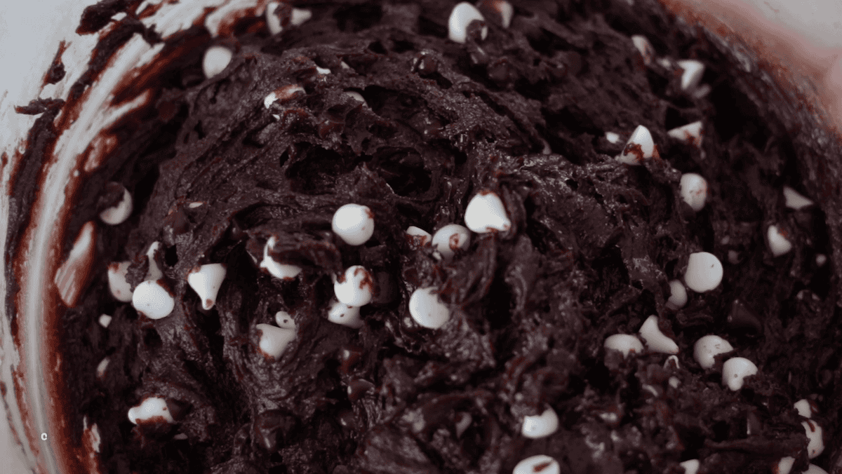 White chocoalte chips stirred into chocolate cookie dough.